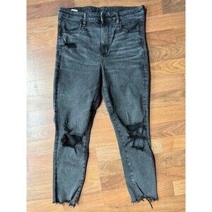 American Eagle Womens 14 Black Super Hi-Rise Jegging Crop Distressed Denim EUC